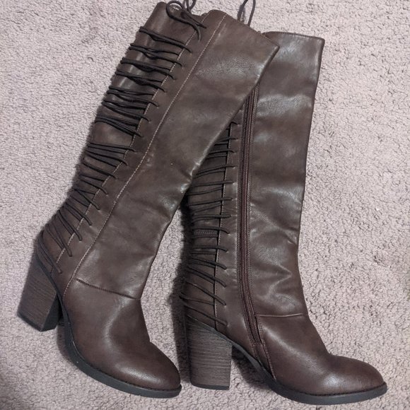 Shoes - Brown Strappy Knee High Boots - 8 1/2
